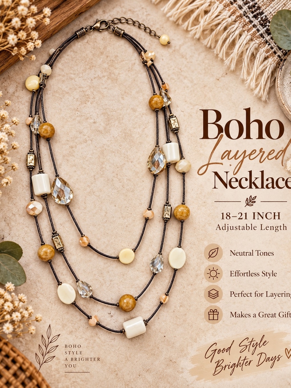 709 Boho Layered Necklace in Cream and Tan – Adjustable Neutral Necklace